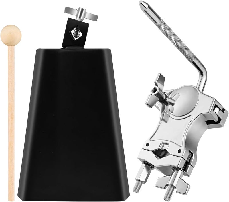 BALLMENT 7 Inch Cowbell with L-Rod Clamp Set, Cowbell for Drum Set, Adjustable Mount Bracket, Black Steel Cow Bell for Drum Sets, Percussion Instrument, Sports, Bands, Includes Stick - Image 1